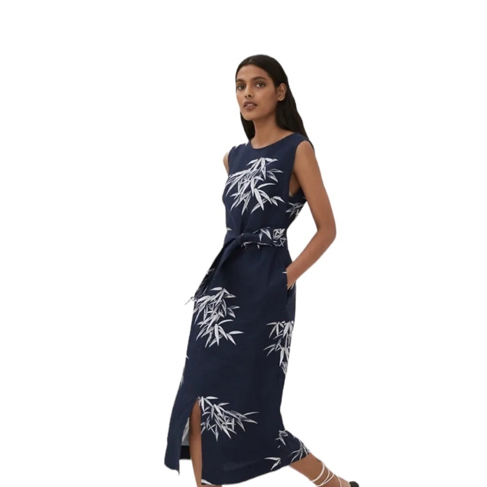 Marks & Spencer Navy Blue Midi Dress with White Botanical Print